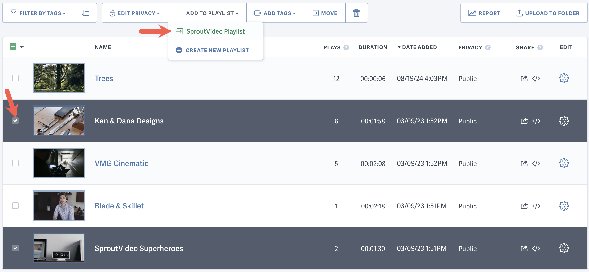 Add videos hosted on SproutVideo to your new playlist