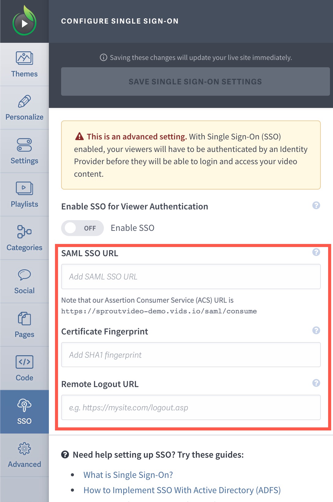 Copy Google Identity Provider details into SproutVideo advanced website settings